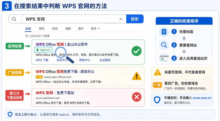 识别 WPS 官网时检查浏览器地址栏主域名