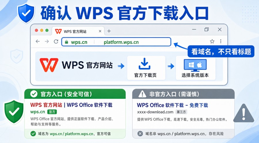 检查 WPS 官方下载入口和应用商店发布者信息