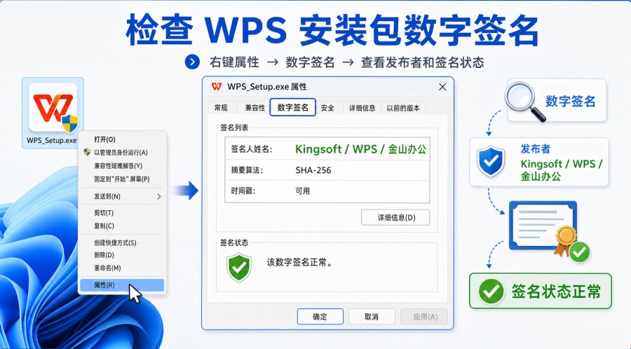 Windows 电脑检查 WPS 安装包数字签名