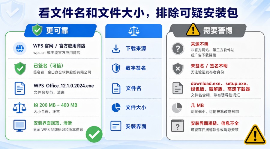 检查 WPS 安装包文件名大小和下载来源