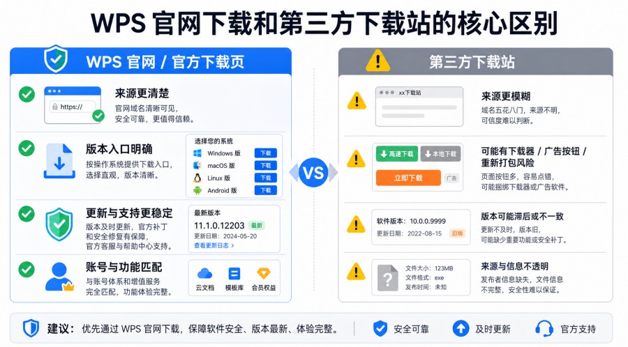 WPS 官网下载和第三方下载站来源区别示意