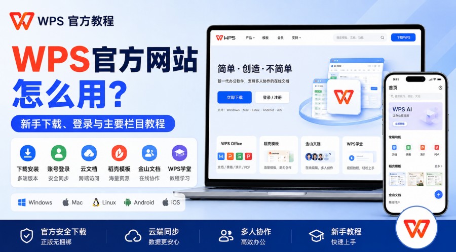 WPS 官方网站下载、登录、云文档与模板新手教程封面